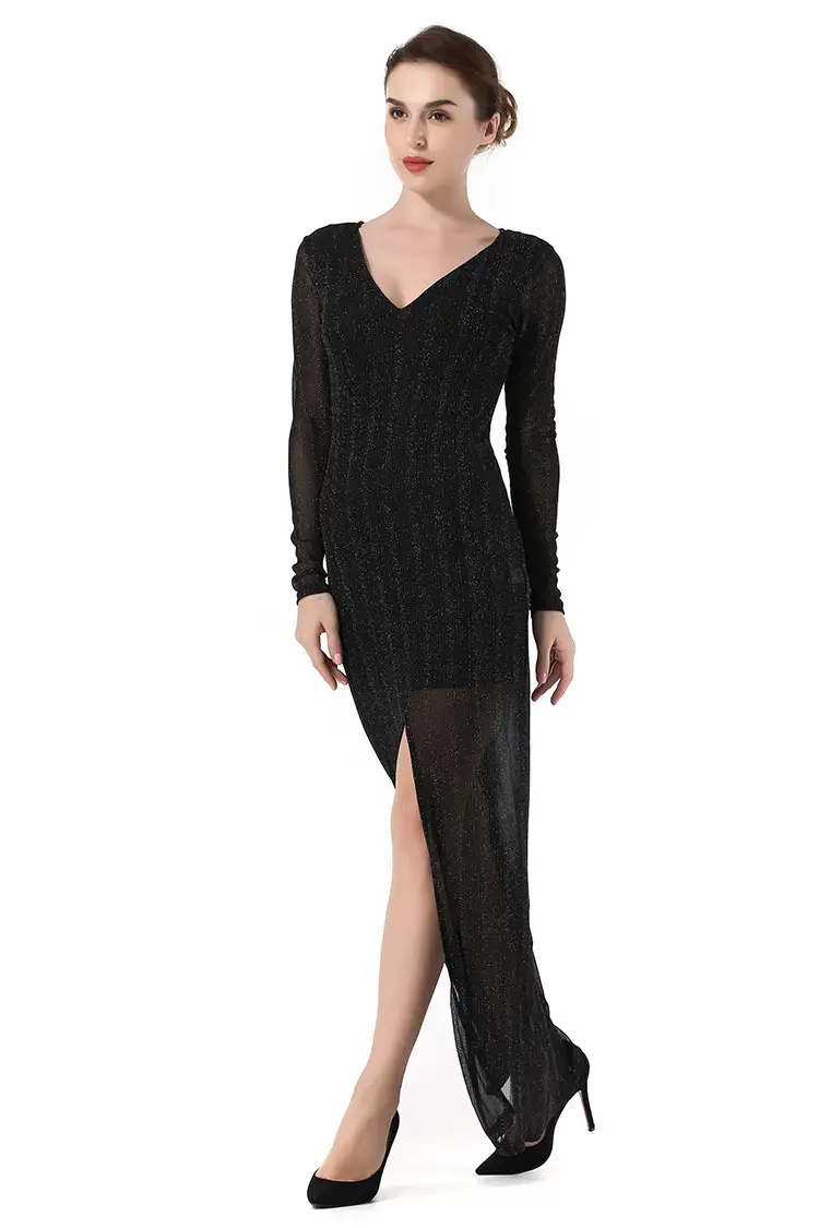 Long Sleeve Sexy Split Long Skirt Slim Mesh Dress