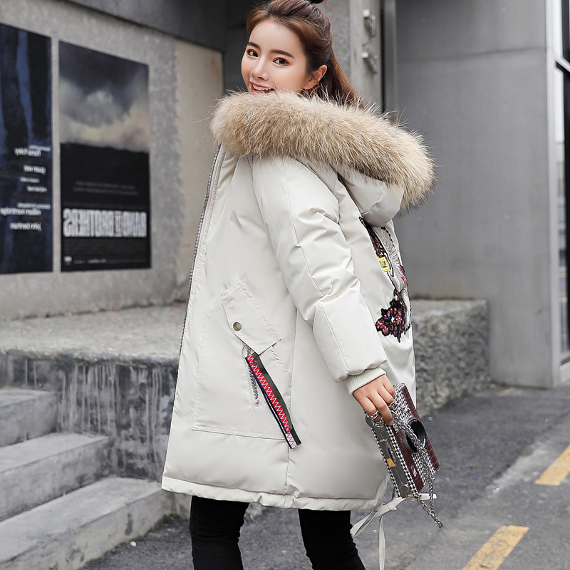 Mid length Large Fur Collar Down Coat Plus Size Korean Student Loose Padded Padded Jacket Women White - Shop at LoveMi