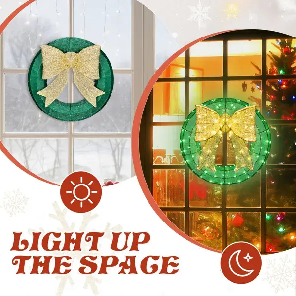 24in Pre-lit Outdoor Christmas Wreath Decoration, Lighted Metal Wreath With Golden Bow, Green And Warm White LED Lights, For Front Door Gate Wall Indoor Outdoor