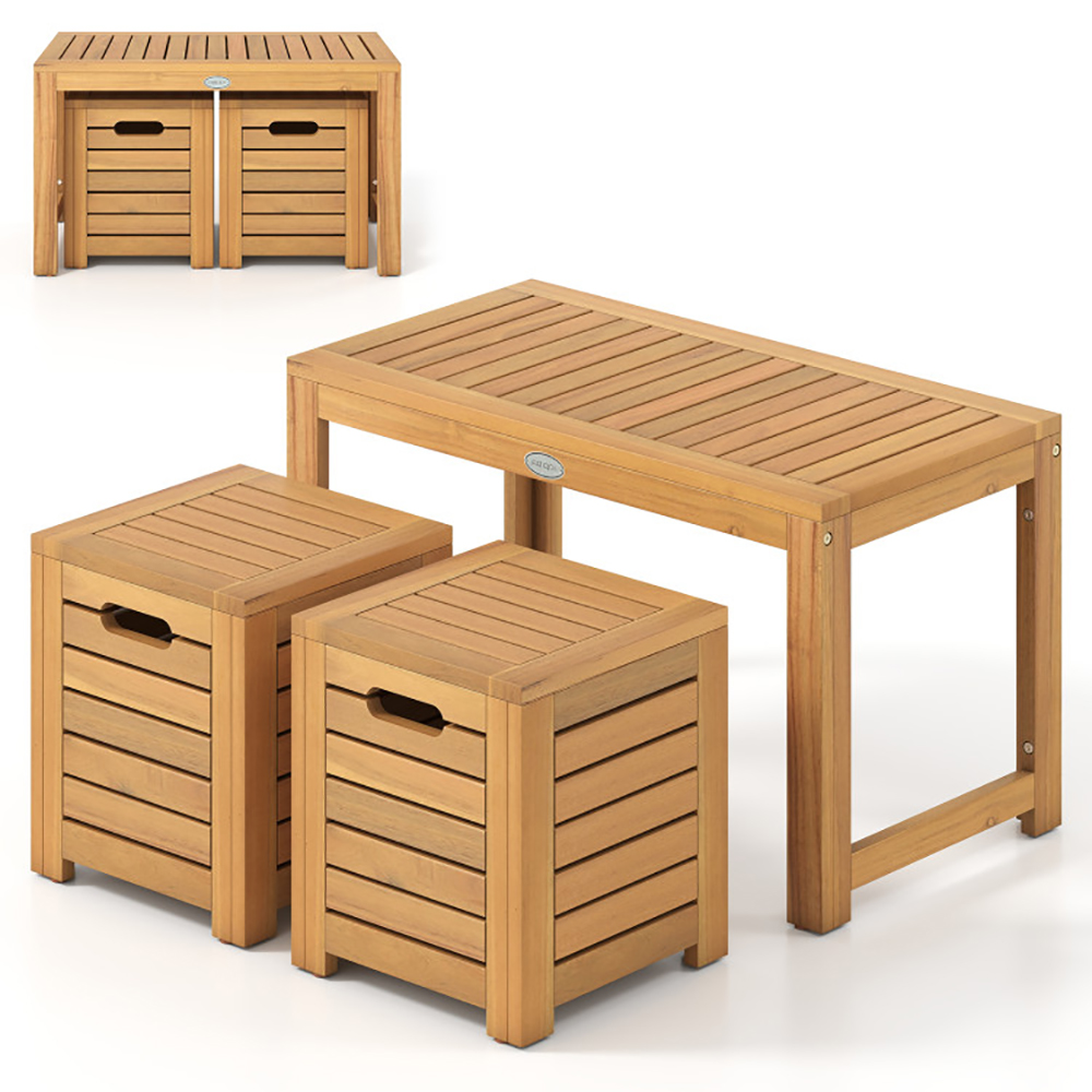 Acacia Wood Outdoor Coffee Table With Stools Set Of 2 3 Pieces Patio Table And Stools Set For Balcony, Patio, Porch, Garden And Other Limited Space