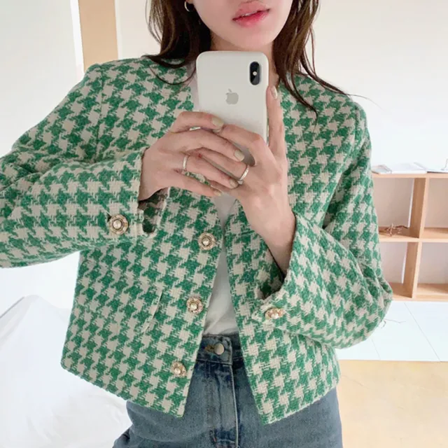 Temperament V neck Slim And Chic Pearl Buckle Design Loose Jacket Green - Shop at LoveMi