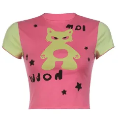 Fashion Umbilical Cord Street Style Tide Cat Print Color Collision T-shirt - Pink - View 1