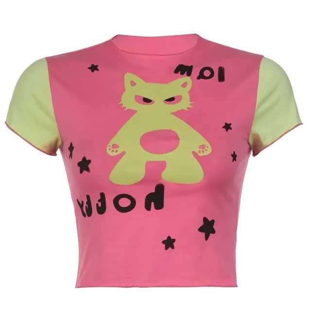 Fashion Umbilical Cord Street Style Tide Cat Print Color Collision T shirt Pink - Shop at LoveMi