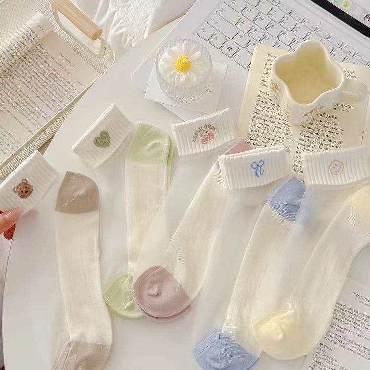 5pairs Lightweight And Breathable Crystal Silk Socks For Children, Short Transparent Glass Silk Cartoon Socks