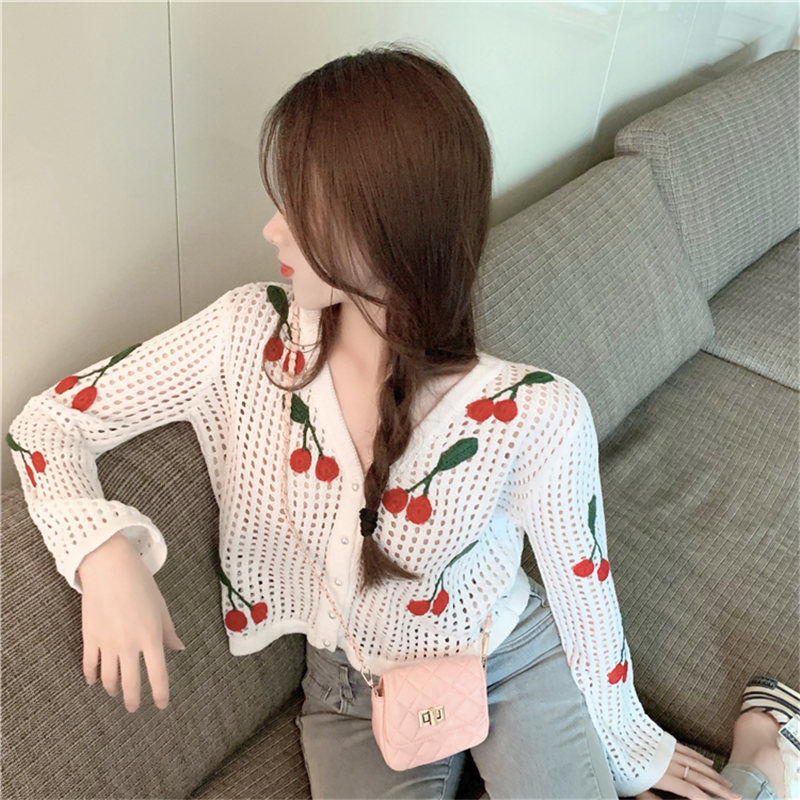 Title 7, Hollow Sweet V Neck Long Sleeved Knitted Cardig...