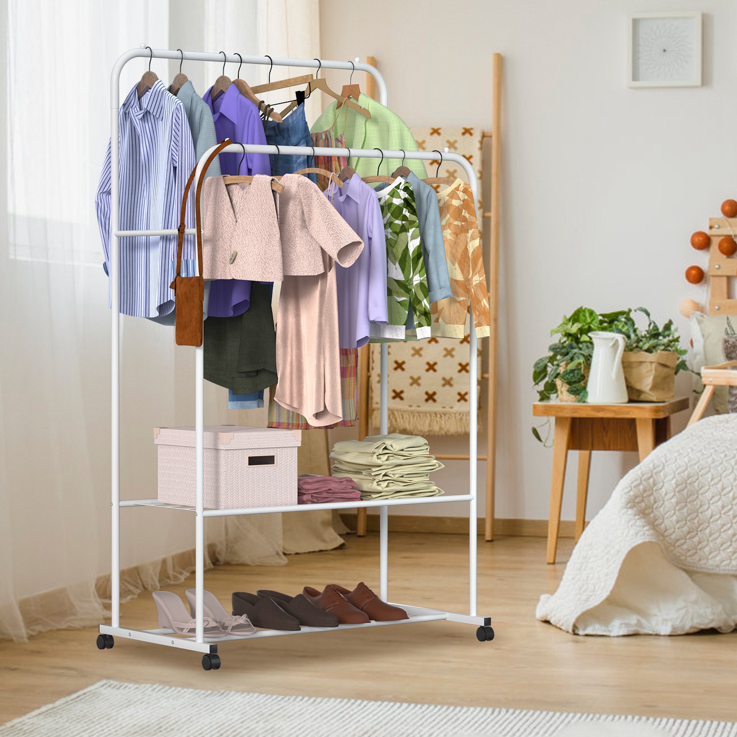 1Pc Garment Hanging Rack Clothing Hanging Rail Pillow Shoe Display Organizer Stand Rolling Wheel Clothes Organizer
