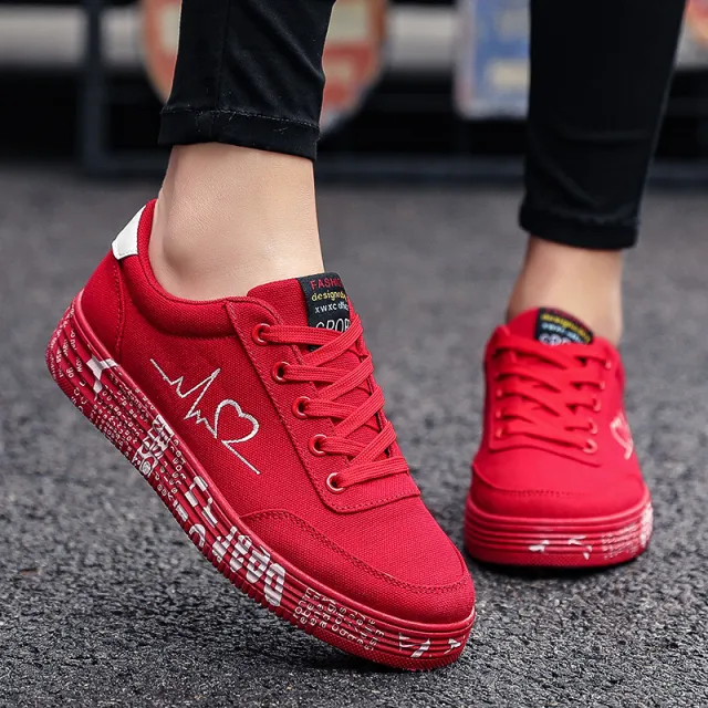 Love Print Canvas Shoes Women Men Flats Lace up Casual Shoes Lover Sports Shoes Valentines Day Red - Shop at LoveMi