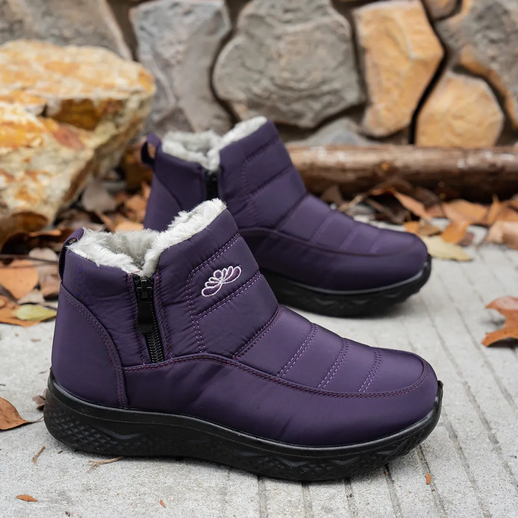 Winter Snow Boots WIth Side Zipper Casual Warm Plush Flat Shoes Women's Fleece Ankle Boot - Purple