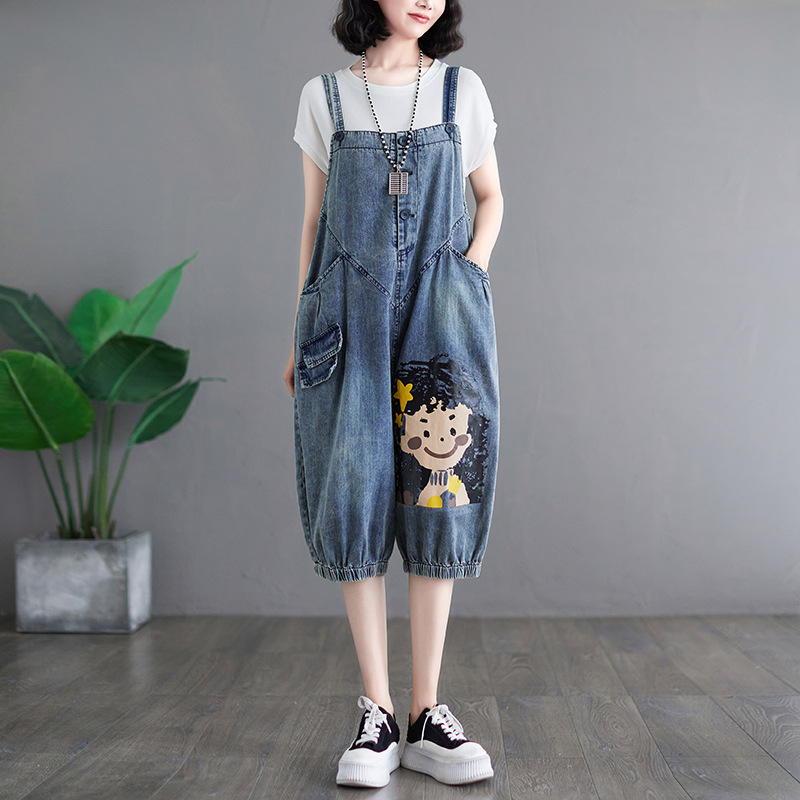 Retro Plus Size Cartoon Age Reduction Girl Print Denim