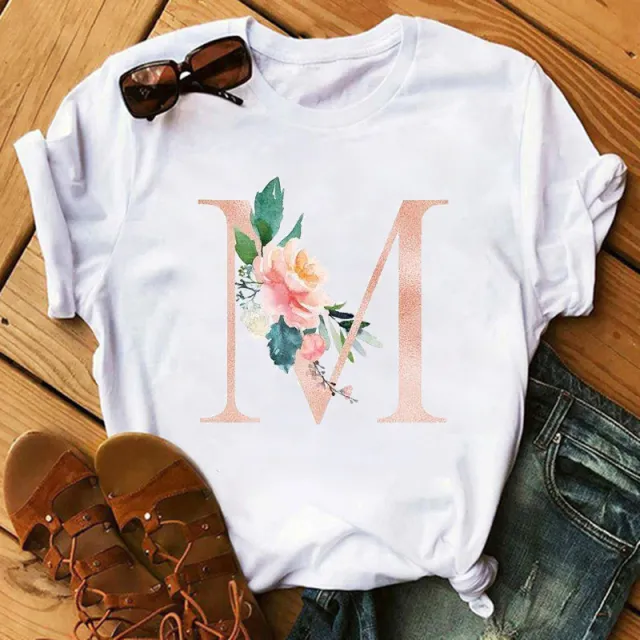 Letter Flower Women INS26 Letter Flower Print Casual T shirt 1M - Shop at LoveMi