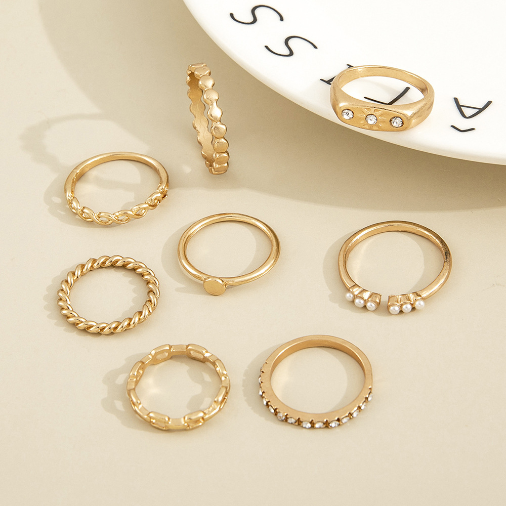 Fashion Personality Eight-pointed Star Diamond And Pearl Geometric Joint Ring Set Of Eight