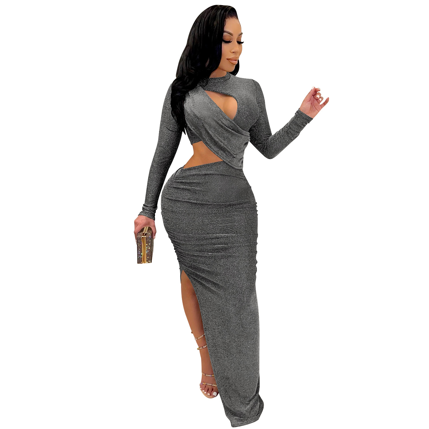 Ladies Long Sleeve Hollow Split Dress - 6