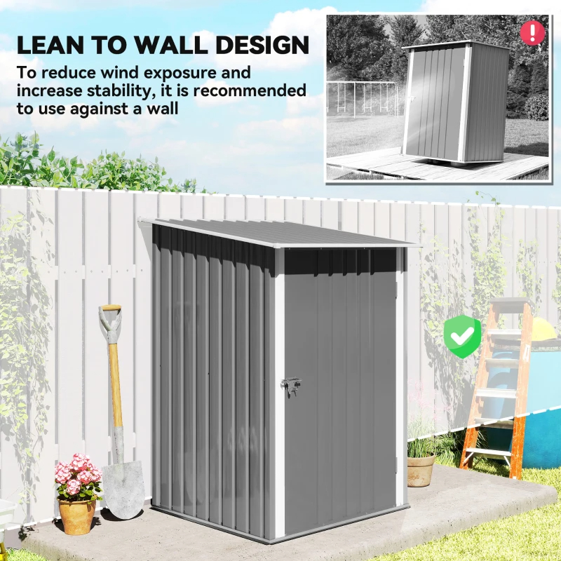 Lean-to Garden Storage Shed, Galvanized Steel Tool House With Lockable Door For Patio, Gray
