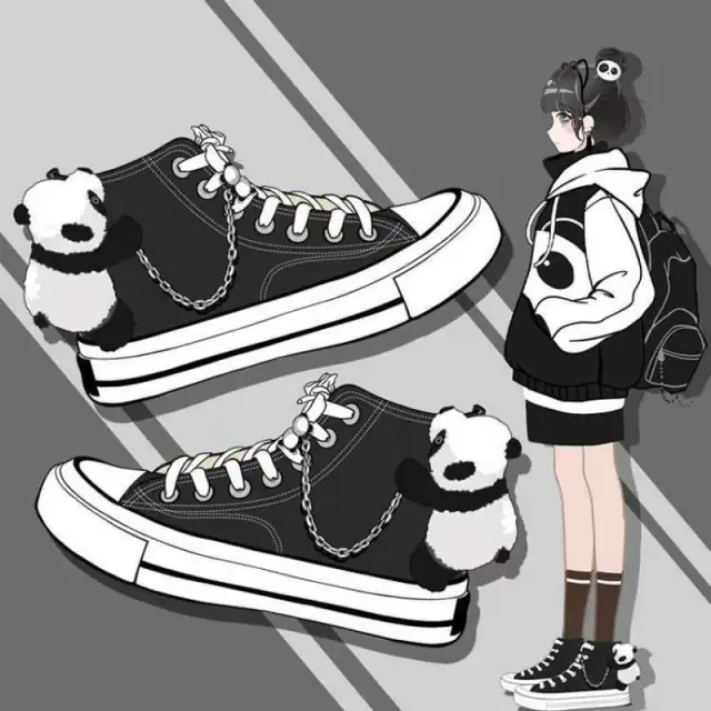 New Cute Panda Canvas Shoes High Top Casual Papa Bear Chain Without Velvet - Shop at LoveMi