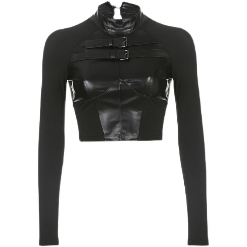 Women's Fashion Leather Chest Metal Button Top T-Shirt