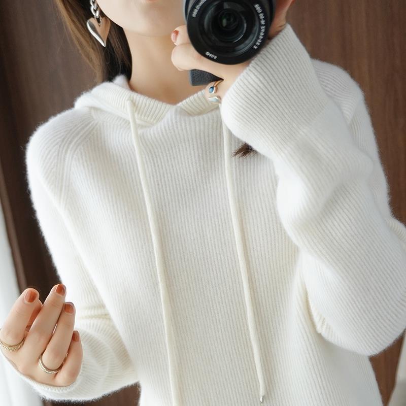 Hooded Cashmere Sweater Women's Pullover Loose Short Hooded Sweater White - Shop at LoveMi