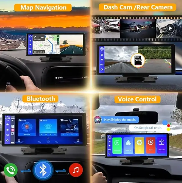 Portable Wireless Carplay With 2.5K Camera, 1080P Back Cam 9.3inches Ultra HD Android Auto Car Play Screen For Car DVR Loop Recording, Bluetooth GPS Navigation