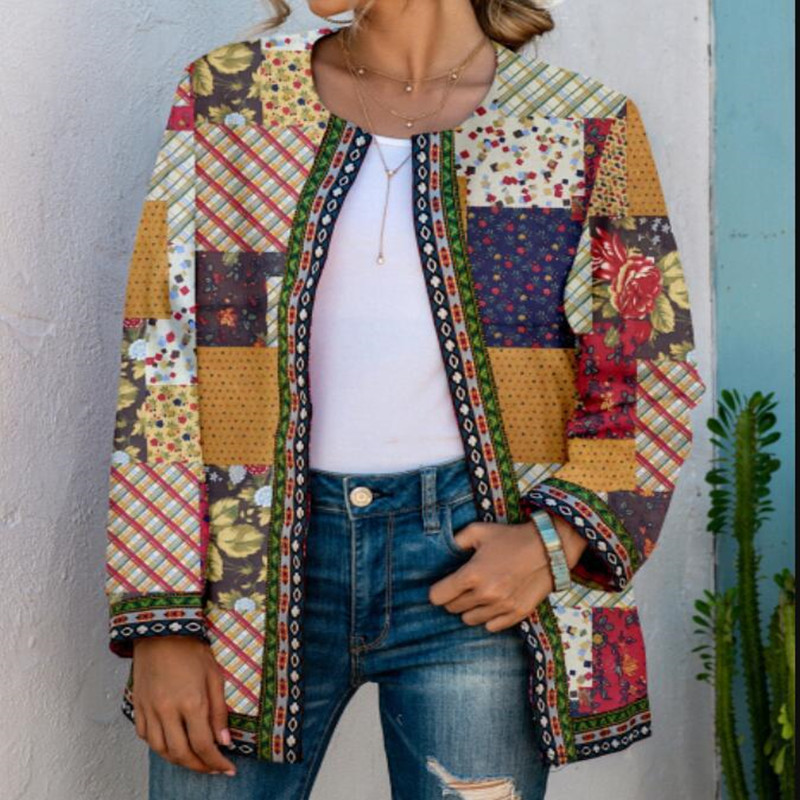 Autumn Women's Color-block Cotton And Linen Ethnic Style Cardigan Coat