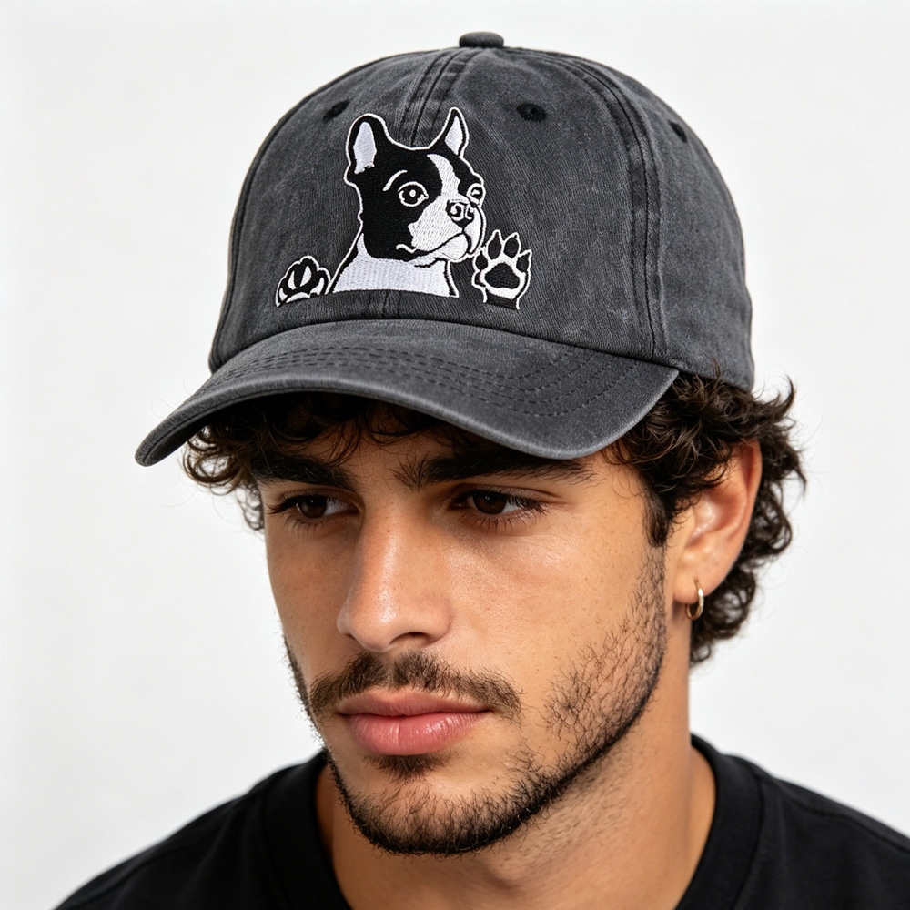 2pcs Boston Terrier Dog Embroidered Baseball Cap - Vintage Washed Cotton Hat, Adjustable Unstructured Low Profile, Cute Pet Cap For Men Women