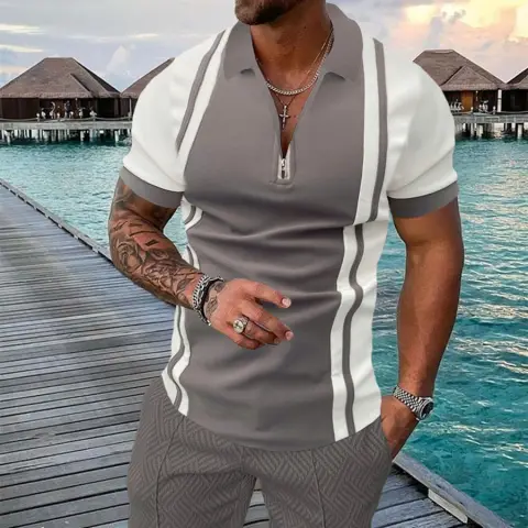 Men's Summer Fashion 3D Printed Short Sleeve Geometric Zip