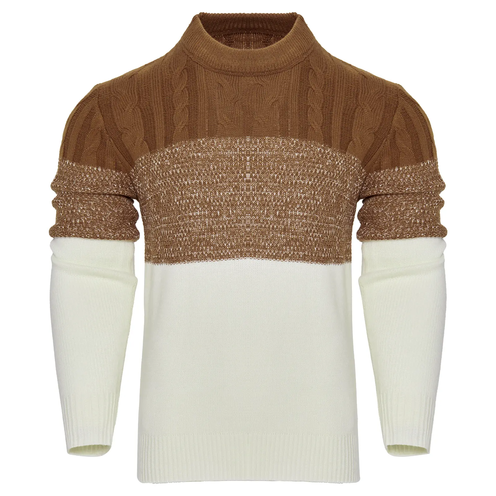 Men's Casual Color Block Long Sleeve Cable Knit Pullover Sweater