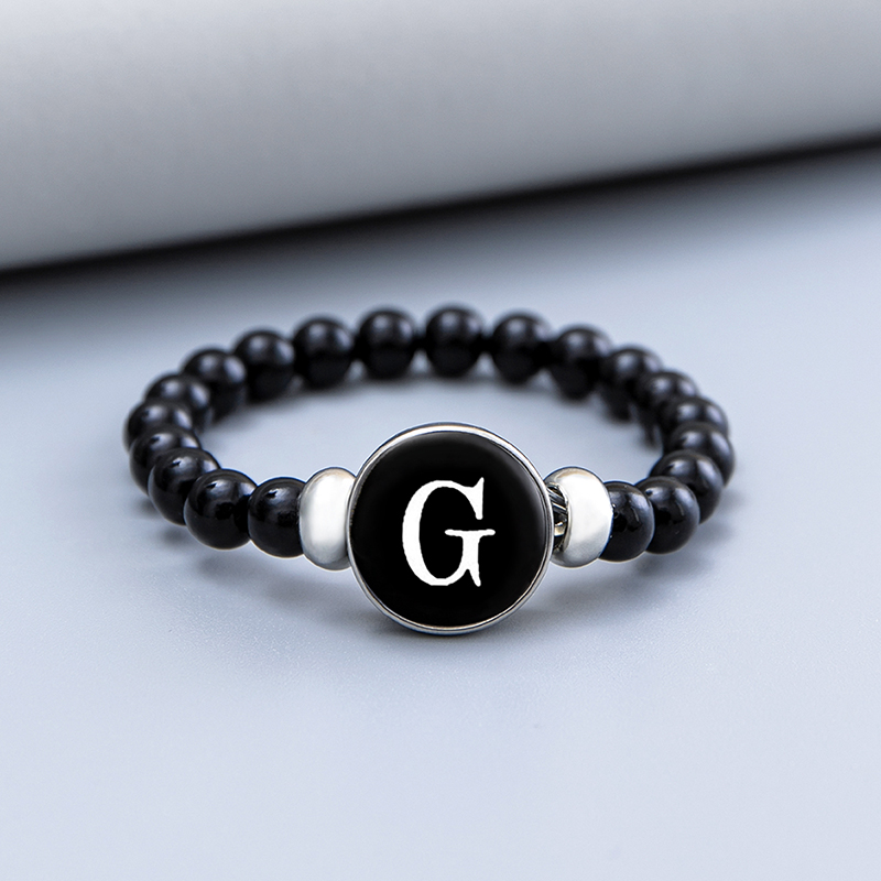 Letter Glass Snap Buttons Charm Bracelet Black Beads Bangles