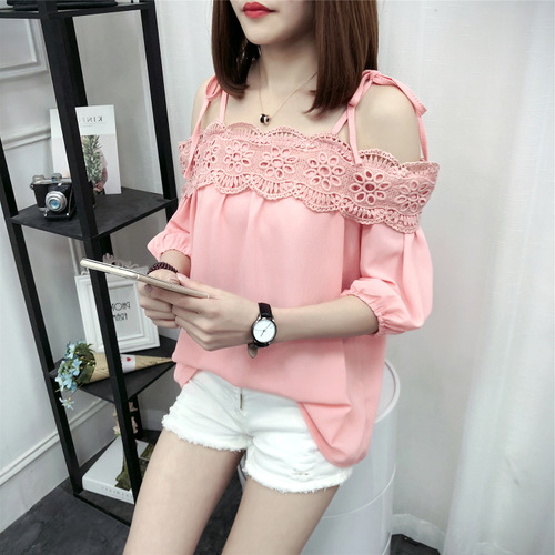 One Line Collar Off Shoulder Chiffon Shirt Women''s Korean Style