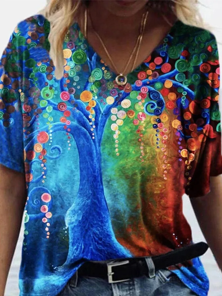V-neck Abstract Painting Printed Short Sleeve - My02
