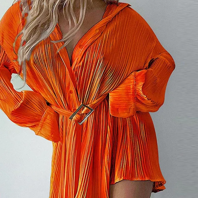 European And American Fashionable Pleated Long sleeved Shirt style Belted Dress Orange - Shop at LoveMi