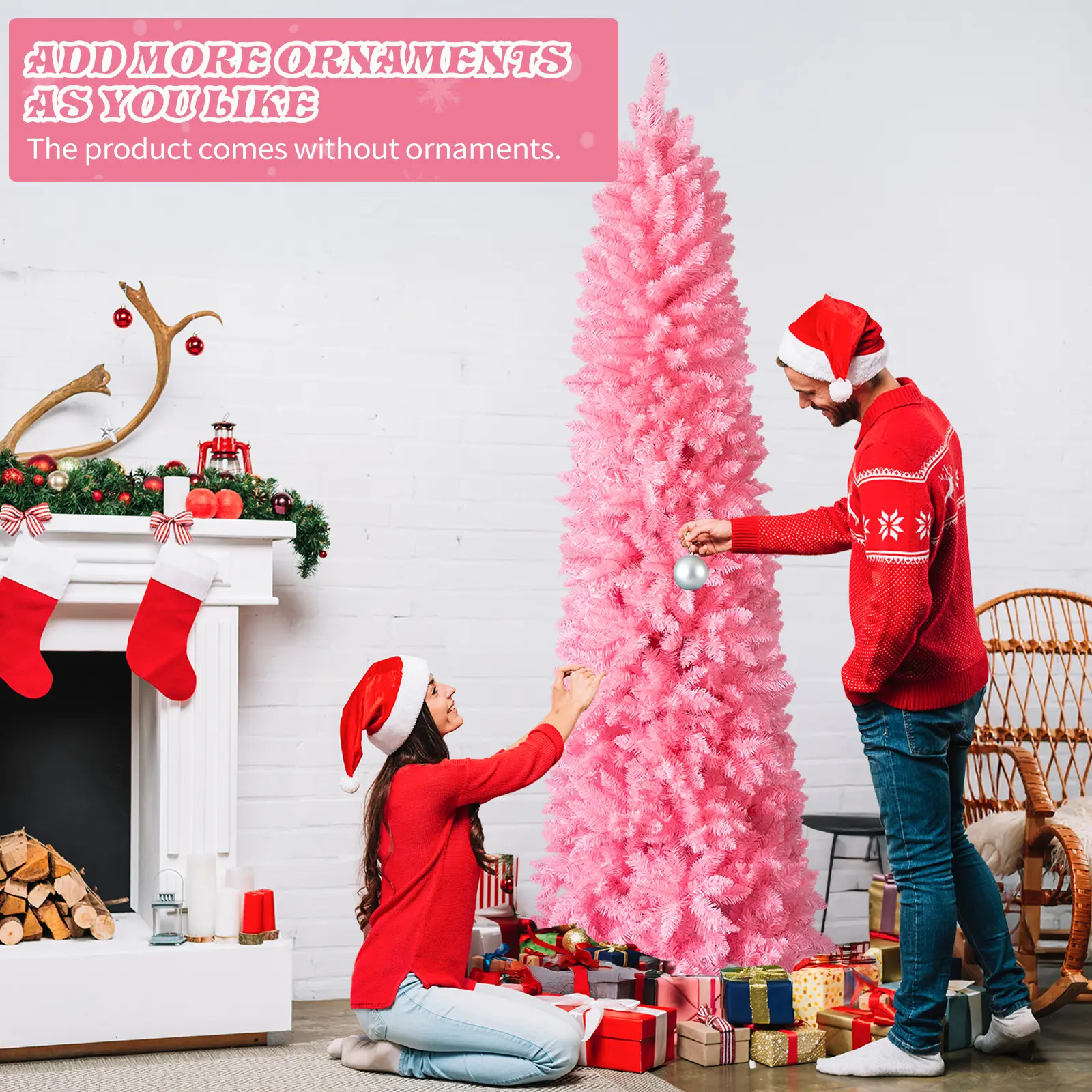 7.5 FT Hinged Christmas Tree, Artificial Pencil Christmas Tree, Unlit Artificial Christmas Pine Tree With 1075 Branch Tips And Sturdy Stand, Pink