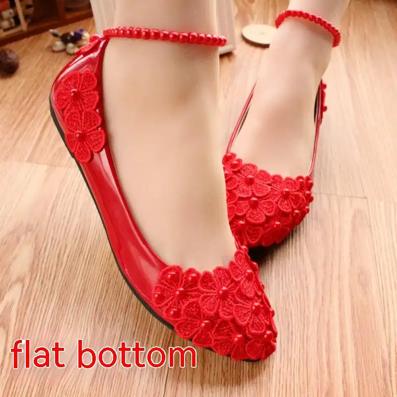 Women's Red Bridal Shoes with Pearl Anklet and Floral Applique