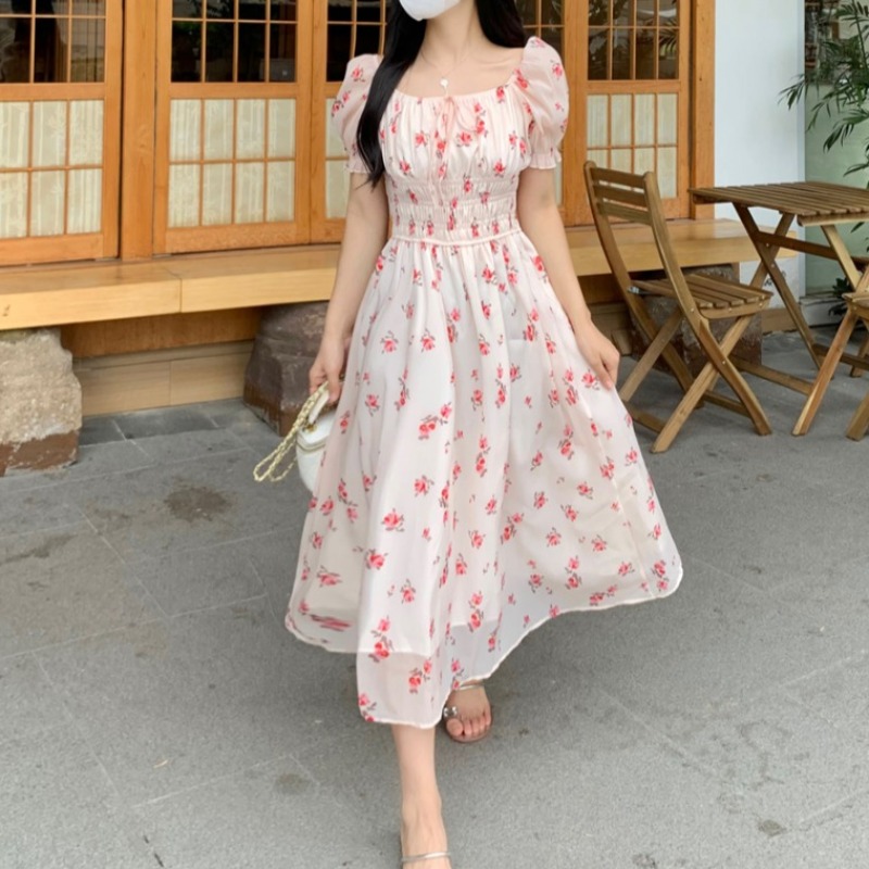 Women's Waist Up Slimming Floral Chiffon Dress