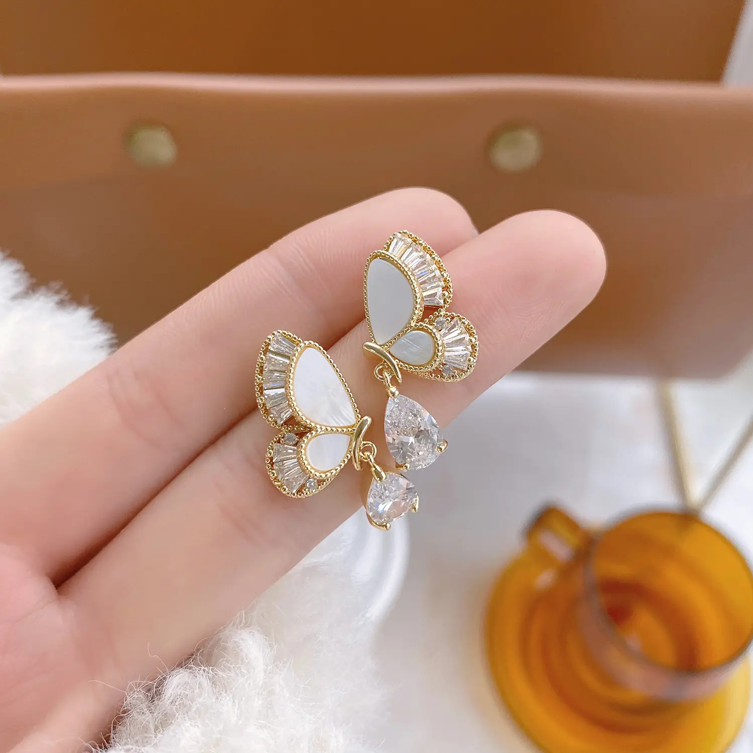 S925 Silver Needle Butterfly Acrylic Zircon Water Drop Earrings