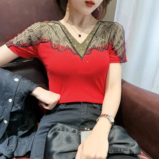 Hot Rhinestone T shirt Short Sleeve T shirt Women's Top Red - Shop at LoveMi