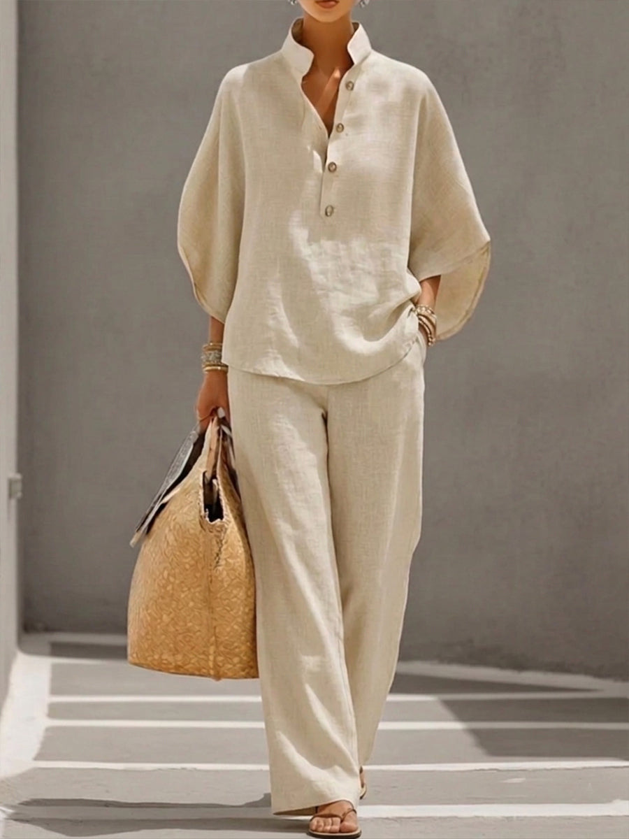 Linen Blend Stand Collar Half Button Batwing Sleeve Top & Wide Leg Pants Casual Two Piece Vacation Outfit Set
