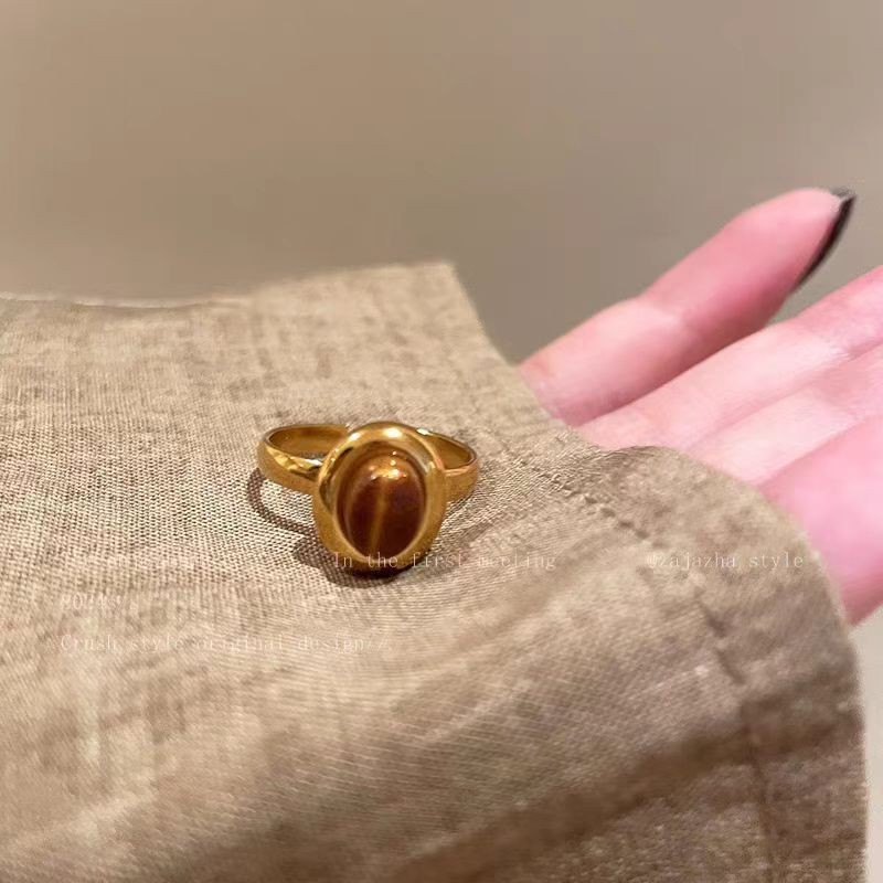 Mocha Brown Serpentine Tiger Eye Alloy Ring For Women, Unique Vintage Design, Luxury Light Luxury Adjustable Index Finger Ring