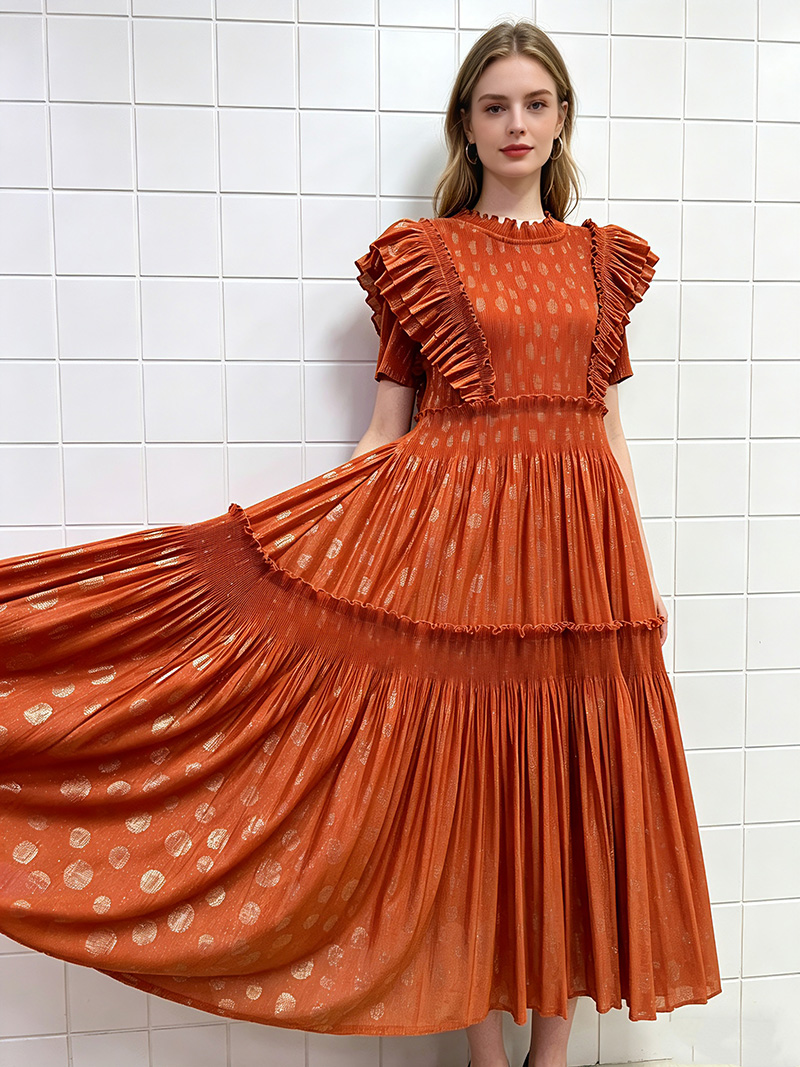 Polka Dot Bronzing Elegant Short Sleeve Dress With Ruffled Pleats, Loose Fit Cake Skirt For Sophisticated Style