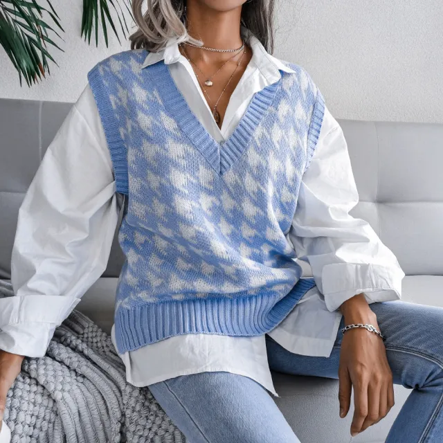 Round Neck Hollow Leaf Casual Knitted Vest Sweater C Blue - Shop at LoveMi