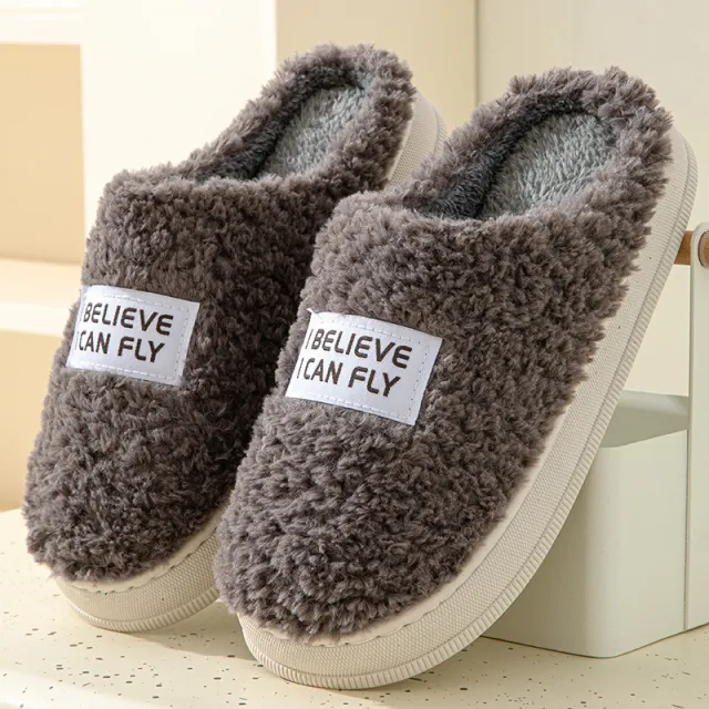 Letter Design Thick Sole Home Slippers Indoor Outside Slides Winter Warm Fluffy Slippers Non Slip Fur Cotton Shoes Ladies Couples Grey - Shop at LoveMi