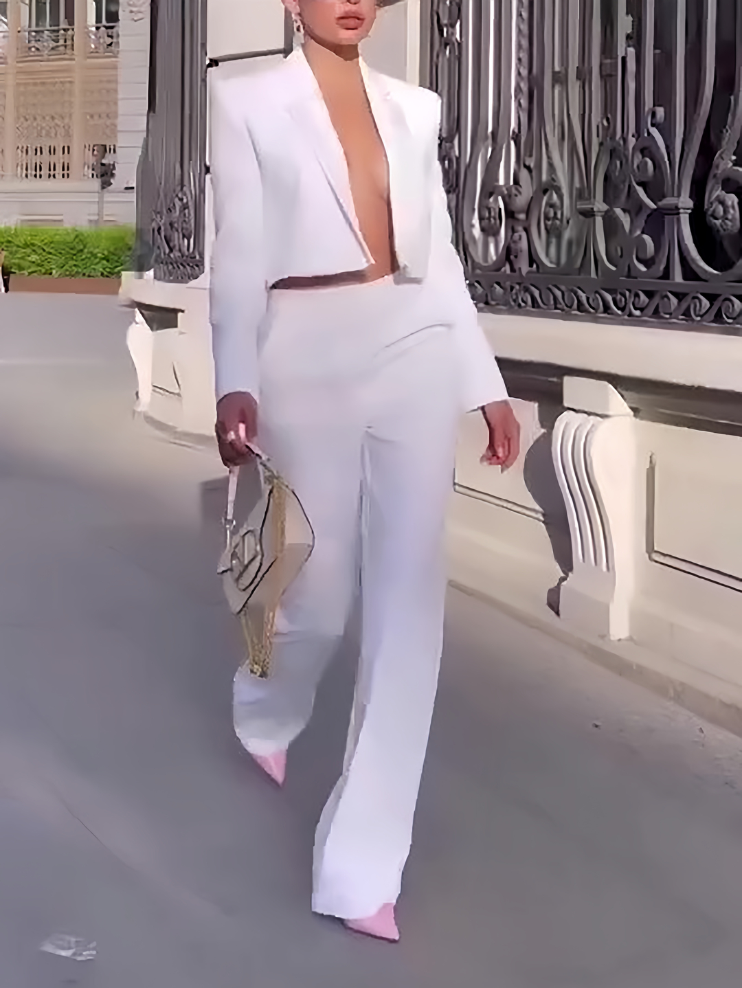 Solid Color Short Blazer & High-waisted Pants Two-piece Set