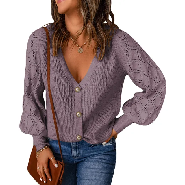 Women's Solid Color Rhombus Puff Sleeve Knitted Sweater Coat Purple - Shop at LoveMi