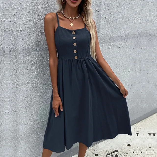 Button Cotton Linen Skirt Sleeveless Sling A Line Blue - Shop at LoveMi