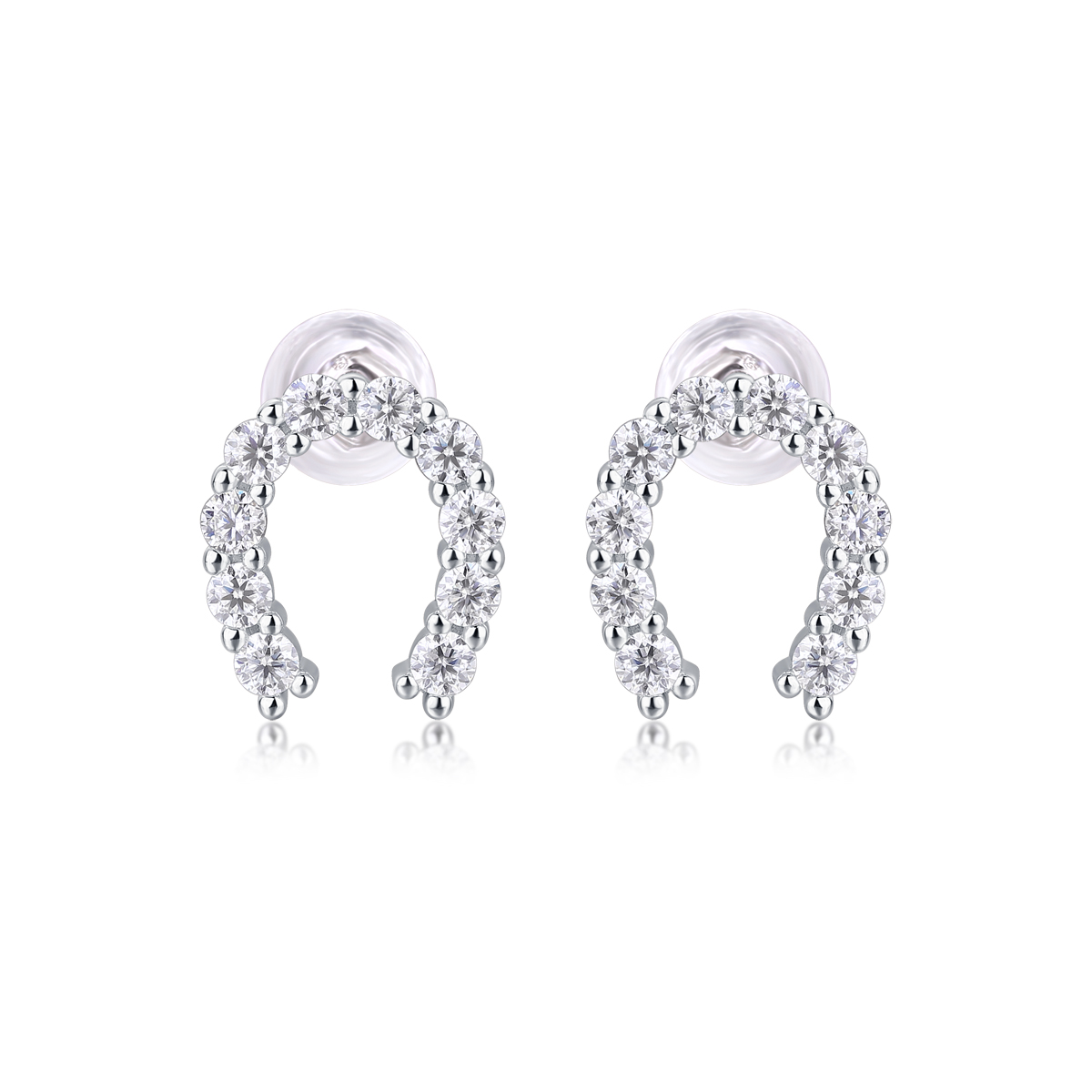 S925 Sterling Silver U-Shaped Hoop Stud Earrings, 20 D-VVS1 Moissanite Pave, Platinum Plated 1.6g Lightweight With Silicone Backs, Gift Box