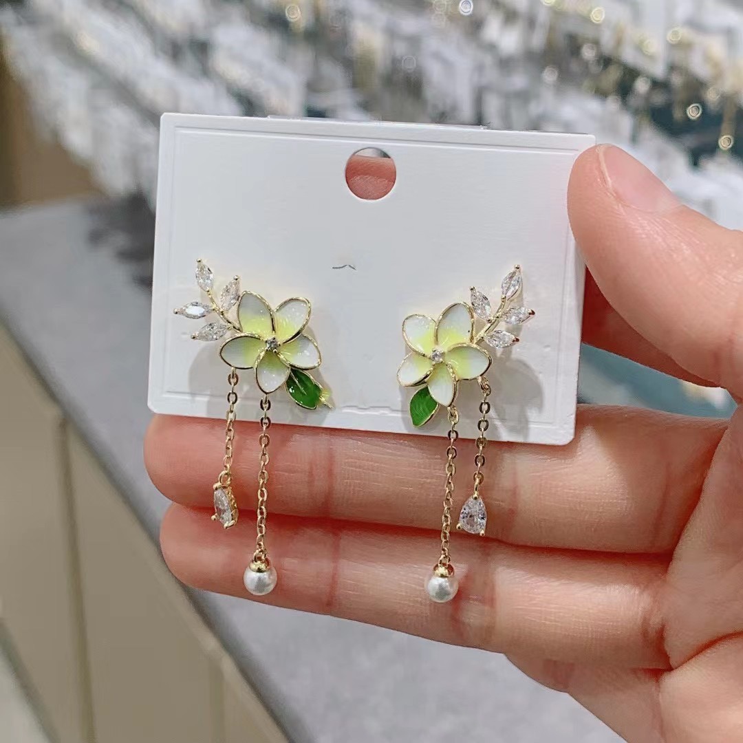 Micro Set Zircon Flower Long Pearl Tassel Earrings