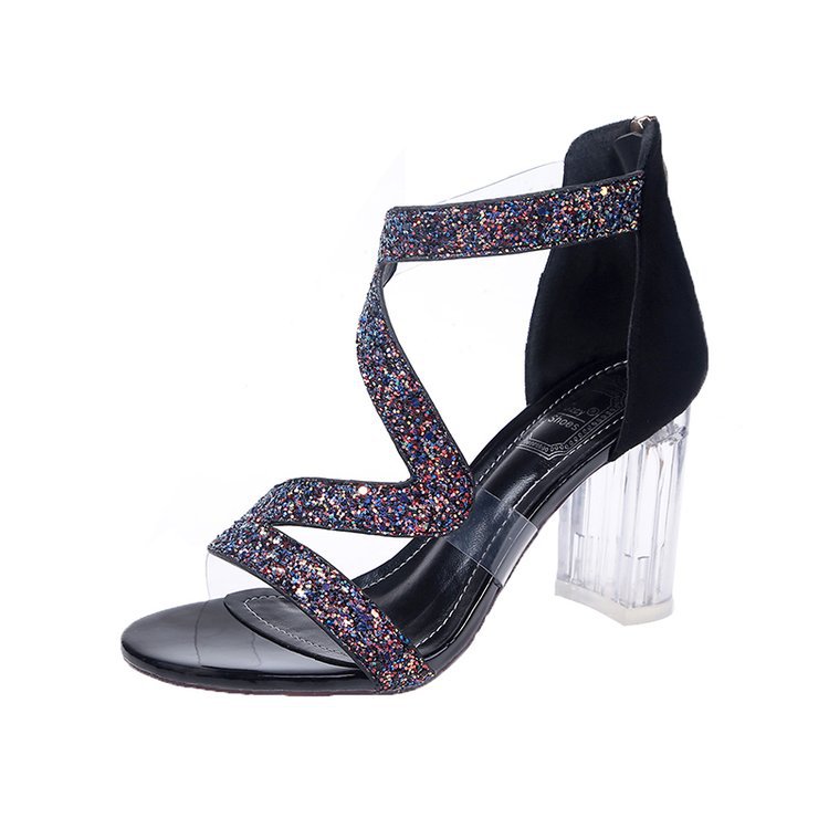 Rhinestone Sandals And Slippers With Thick And Diamond studded Sandals And High Heels Black - Shop at LoveMi