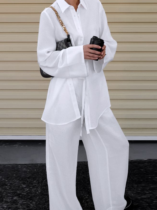 Women's Fashion Loose Casual Long-sleeved Shirt Lace-up Wide-leg Pants Two-piece Set