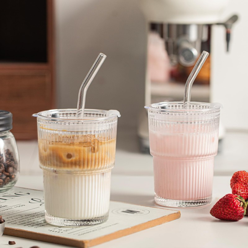 2pcs 380ml Ribbed Glass Mugs - Includes Glass Tube And Lid. Comes With A Lid And Straw, Suitable For Everyday Use, And Is The Ideal Mug For Home Or Cafes.