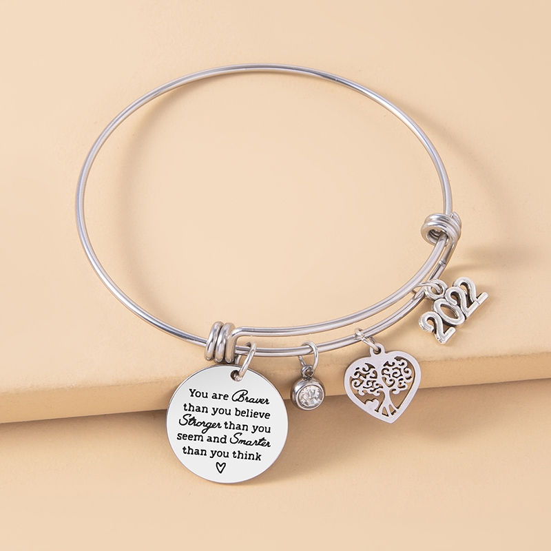Crystal Heart Tree Of Life Charm Bracelet Inspirational Adjustable Stainless Steel Bangle