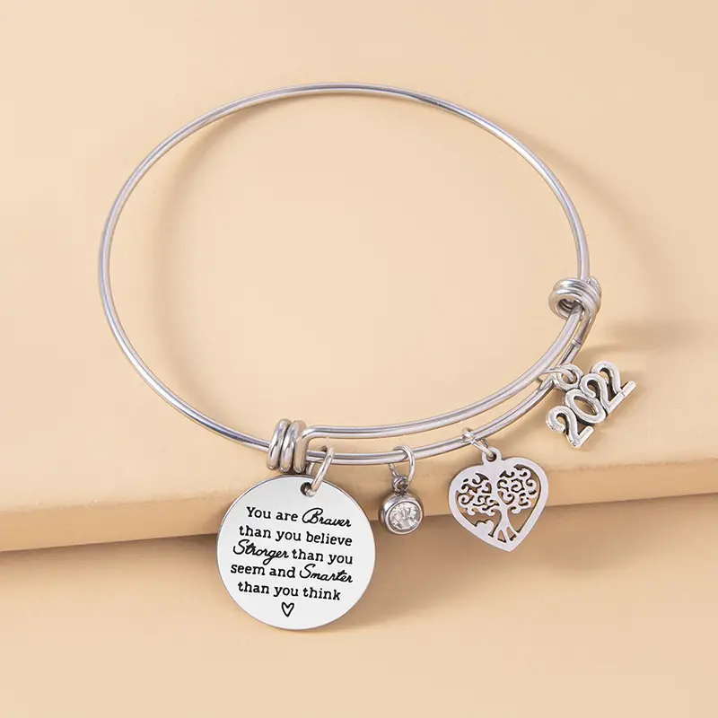 2022 Crystal Heart Tree Of Life Charm Bracelet Inspirational Adjustable Stainless Steel Bangle