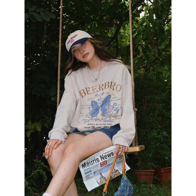 Retro American butterfly print embroidered pullover sweater girl Apricot - Shop at LoveMi